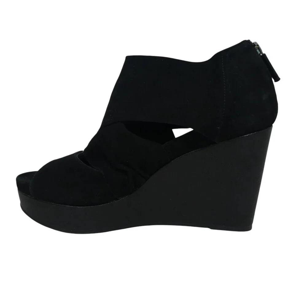 Eileen Fisher Black Leather Open Toe Platform Wedge Sandals Womens 9